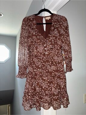 indulge Brown Floral V-Neck Long Sleeve Ruffle Dress